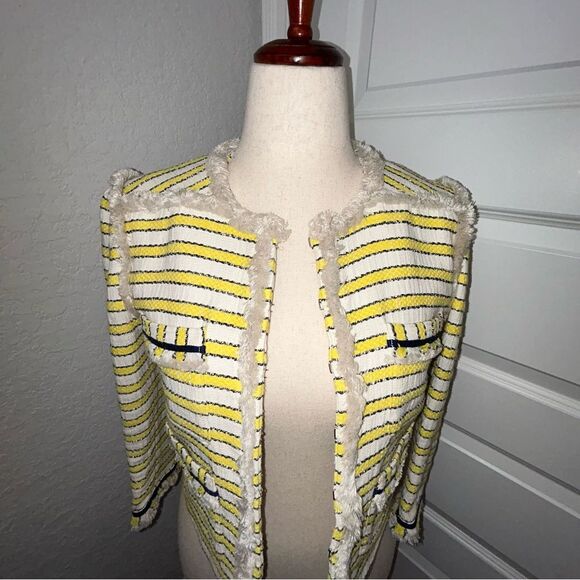 Veronica Beard Stripe Print Frayed Trim 3/4 Length Sleeve Blazer Jacket - Picture 2 of 11